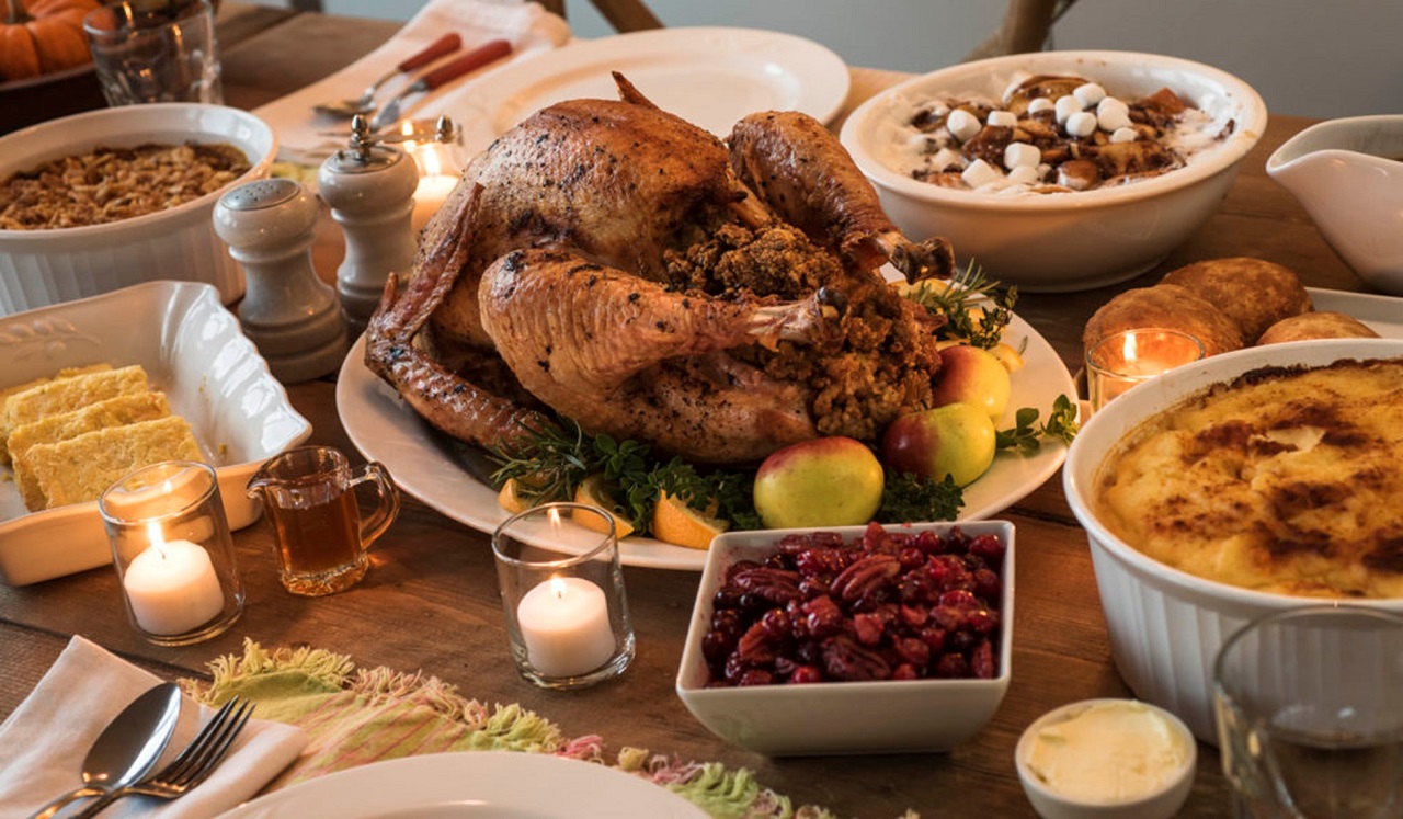 Turkey and other foods on table during holidays