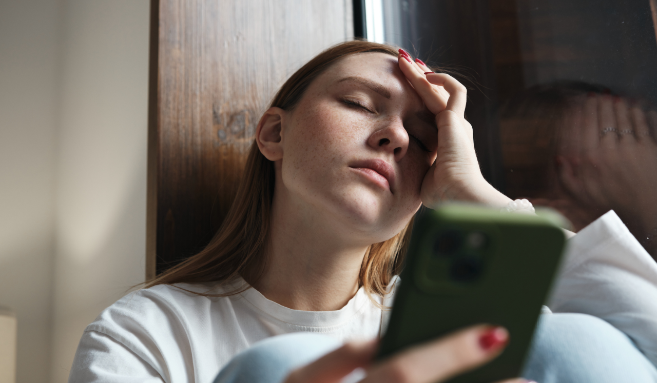 Woman exhausted with her cellphone