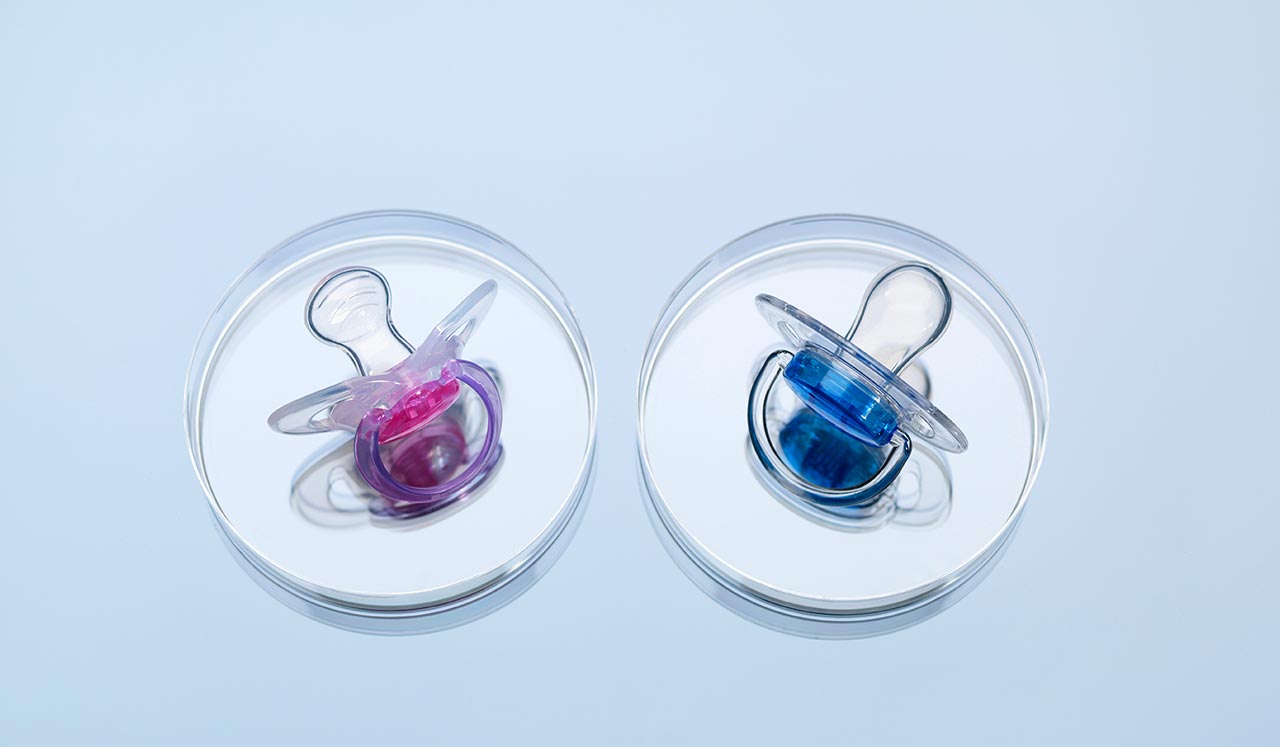 Pink and blue pacifiers in petri dishes