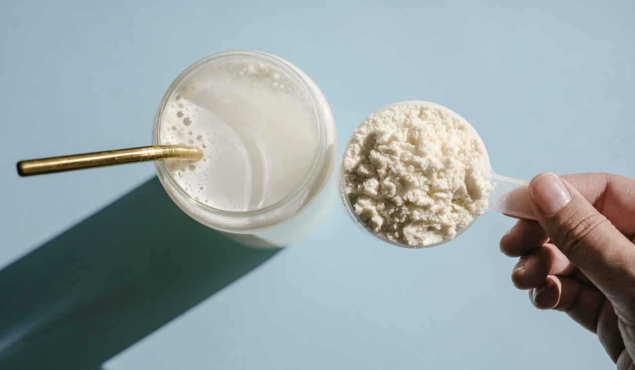 Protein powder next to drink
