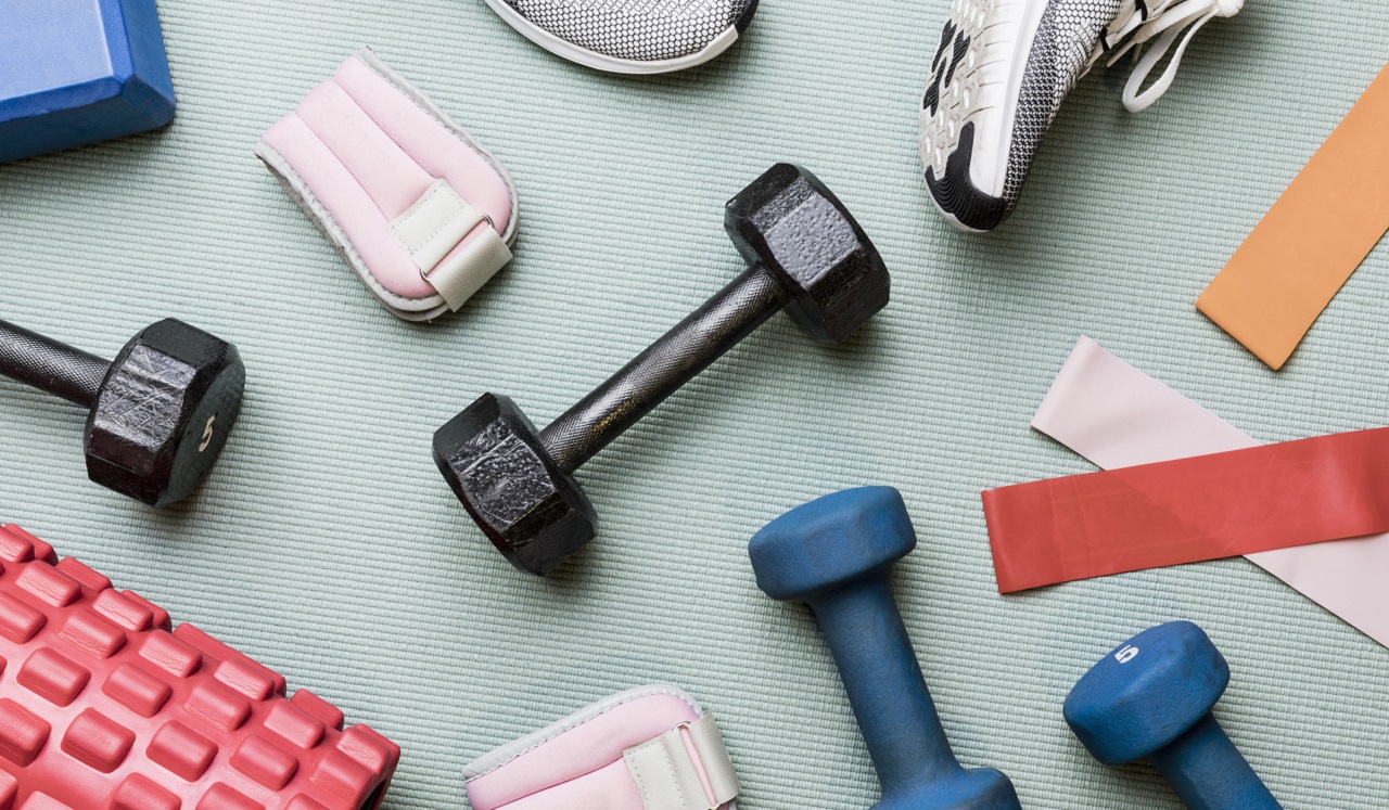 Tennis shoes, hand weights and other workout equipment.
