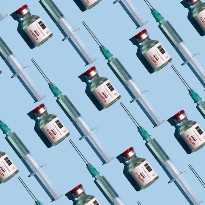 Aligned in a pattern on a blue background are medicine vials and syringes.