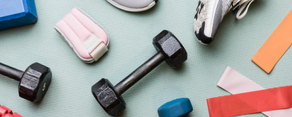 Dumbells, exercise bands, ankle weights and tennis shoes