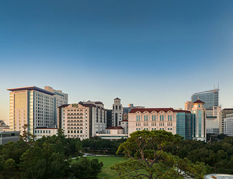 A landscape view of the Texas Medical Center at sunrise.