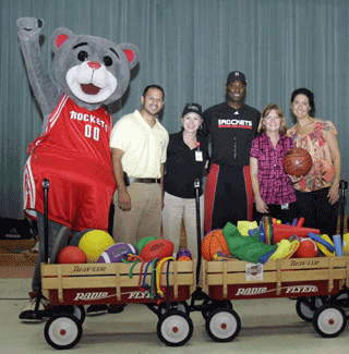 Rockets mascot with Katy medical staff