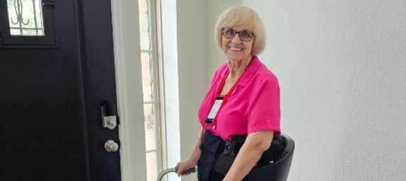 TIRR Memorial Hermann patient, Shirley Crump, shows off her exoskeleton.