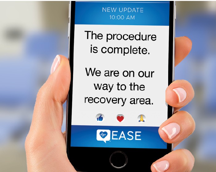 EASE App displayed on a smart phone being held by a woman's hand.