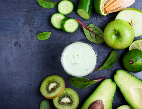 Ingredients for a sauce are featured, including sliced kiwi, avocado, green apple and limes.