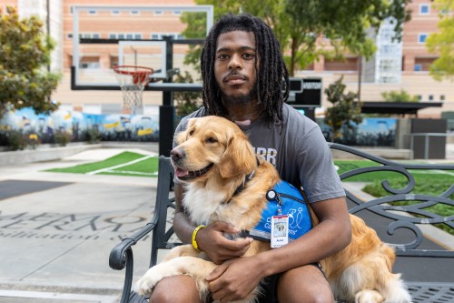 TIRR Memorial Hermann therapy dog, Annie, sits in the lap of a rehabilitation patient.