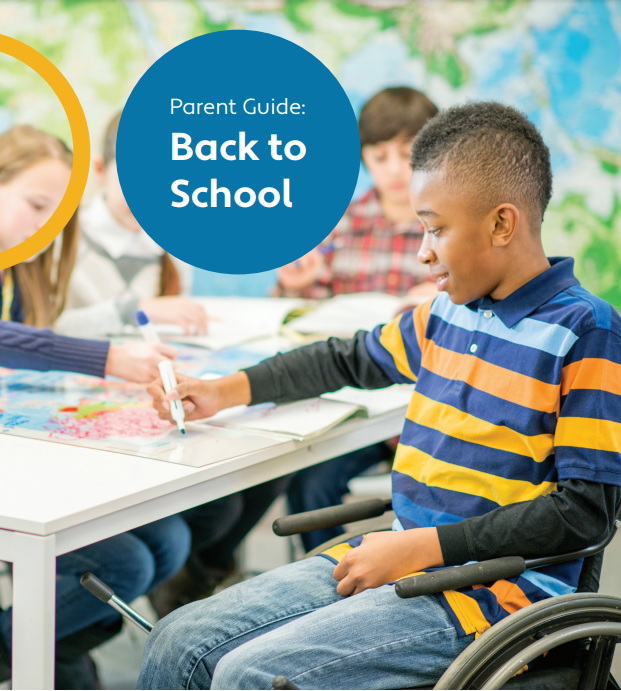 Back to School PDF cover image: a child in a wheel chair in his classroom. 