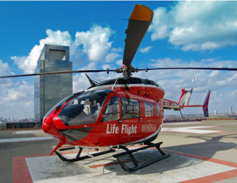 Memorial Hermann Life Flight helicopter sits on the helipad, ready for lift off