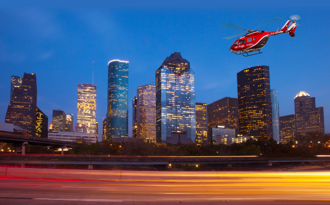 Houston Skyline featuring a Life Flight helicopter