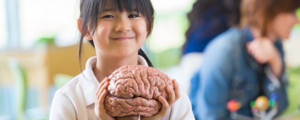child holding model brain