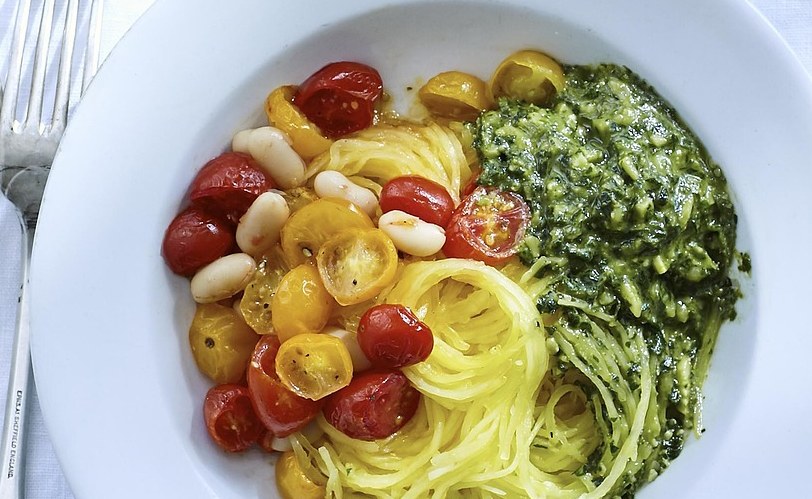 Spaghetti Squash with Roasted Tomatoes, Beans, and Almond Pesto
