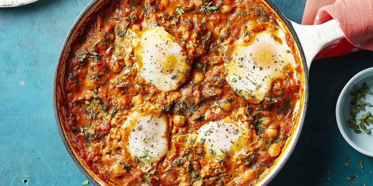 Thursday: Eggs in Tomato Sauce with Chickpeas and Spinach