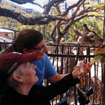 Doctor and patient feeding giraffe